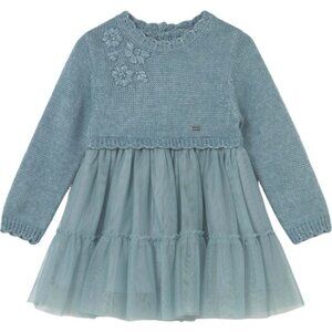 New! MAYORAL 18M Blue Knit and Tulle Dress Waved Collar